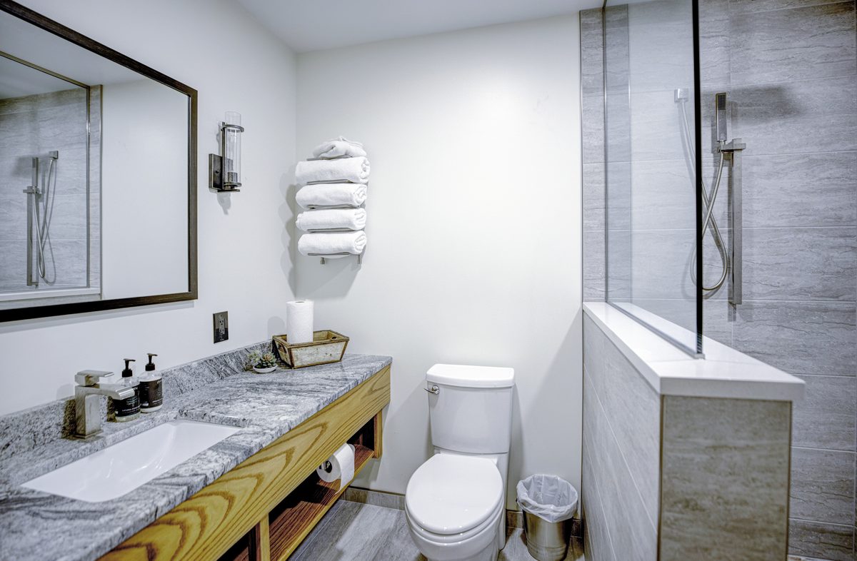 A private suite bathroom at River Lodge